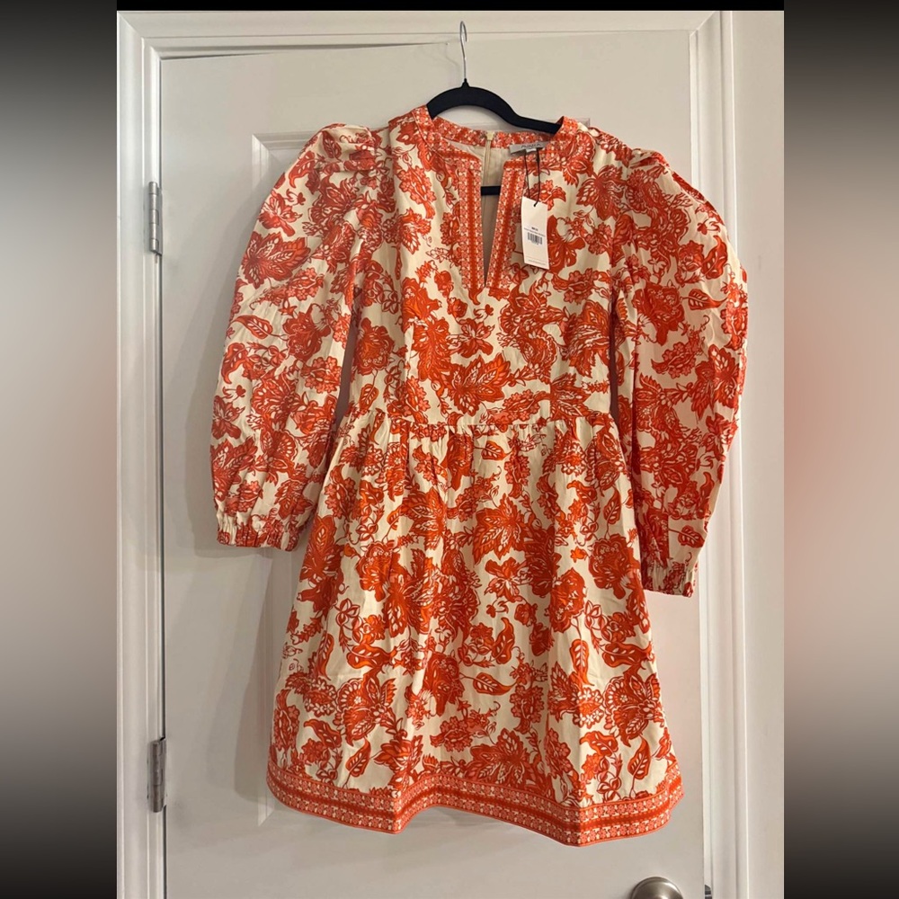 Chic Orange and Cream Floral Long Sleeve Dress